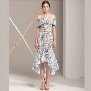 Bronx and Banco Dress Sky Blue White Floral Embroidered Off Shoulder Hi Low Hem